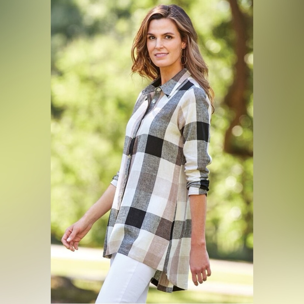 NWT Soft Surroundings Black Linen Blend‎ Plaid Back Zipper Tunic Top Size Large